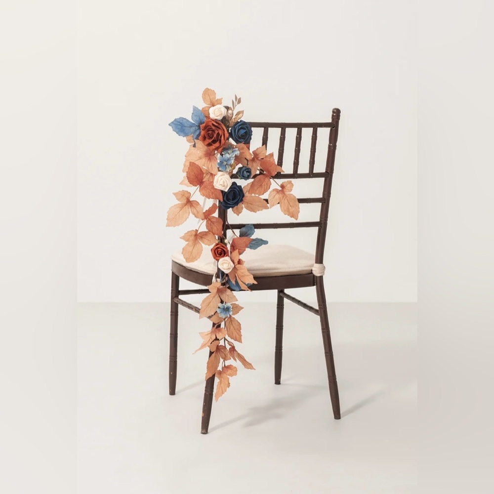 Wedding Chair Florals | Romantic Aisle Decor | Orange & Blue